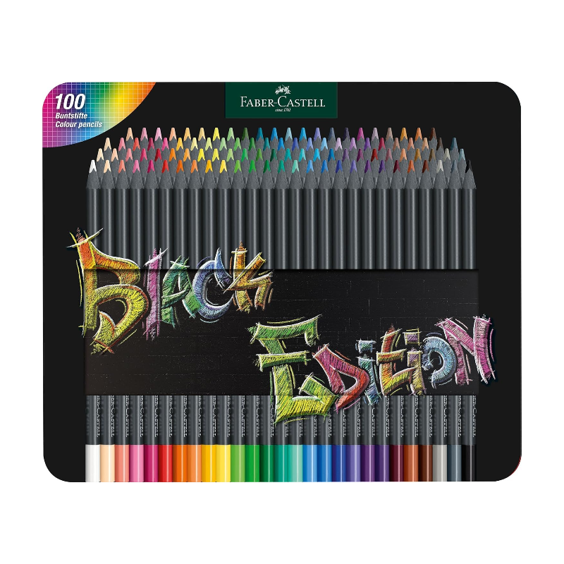 Faber-Castell Crayons de couleur Black Edition, 100 pièces dans une boîte en métal