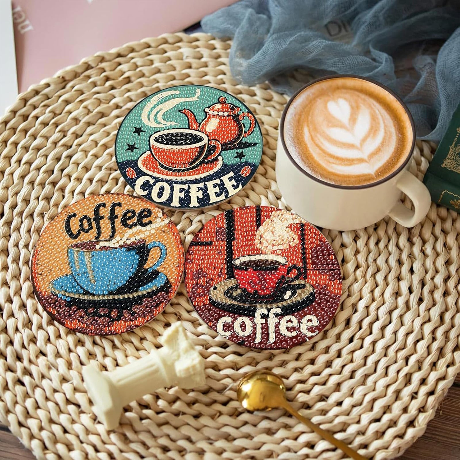 Ju7cer Ensemble de sous-verres de peinture diamant café - 8 pièces carrés sous-verres d'art décoratif avec support | Bricolage DIY pour adultes 4×4 pouces (10×10 cm)