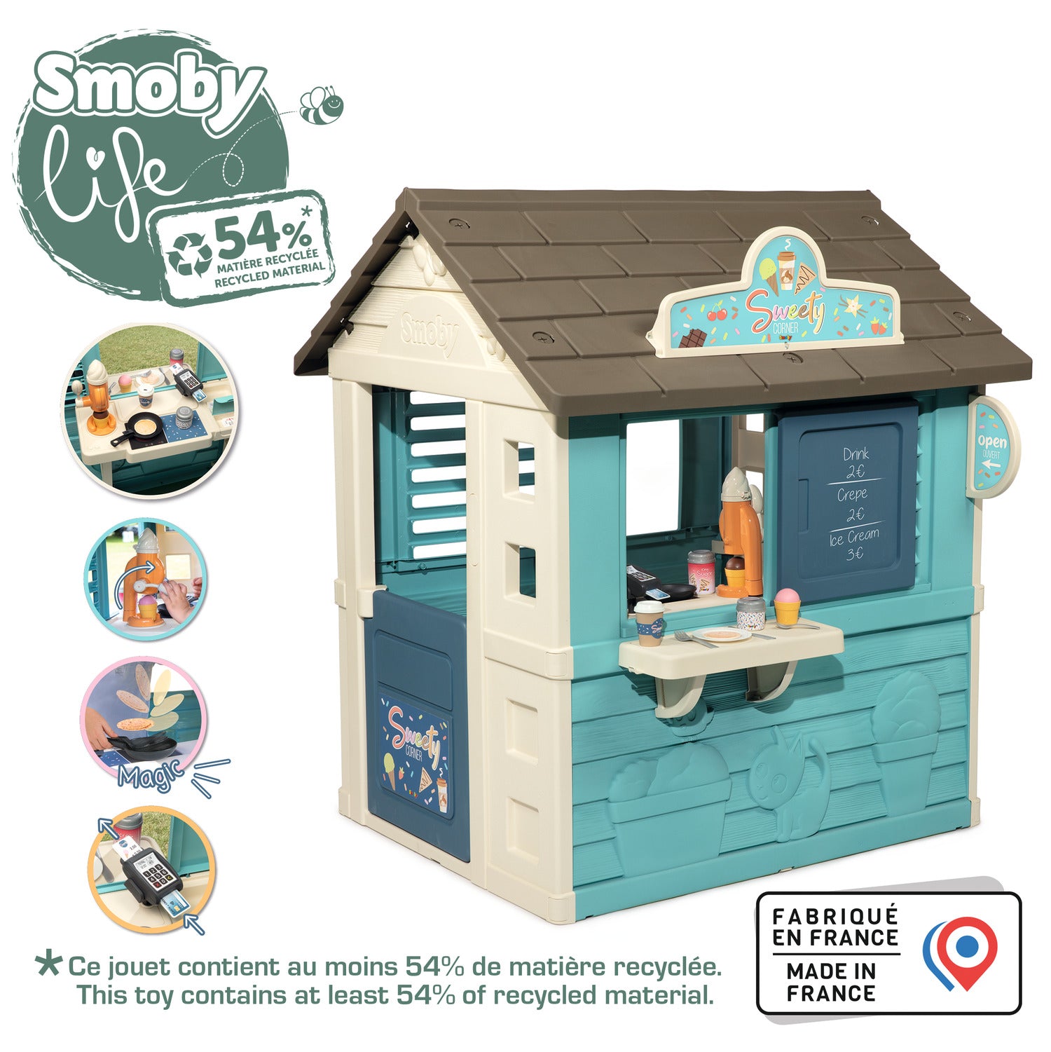 Smoby - Maisonnette de jardin Sweety Corner - Maisonnette de jardin pour enfants - Thème des snacks - Machine à glaces - 18 accessoires - Matériaux recyclés - Dès 2 ans - Fabriqué en France