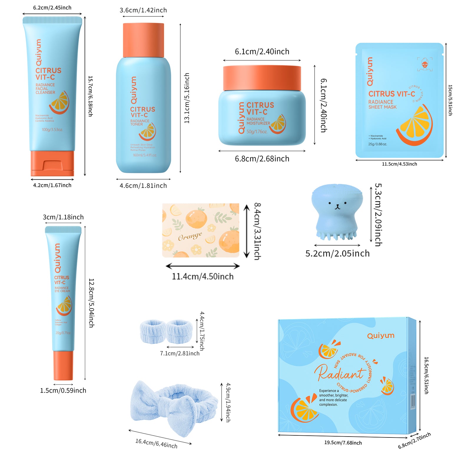 Quiyum Coffret de soins de la peau agrumes vitamine C (11 pièces), nettoyant visage 100 g, lotion tonique 160 ml, crème contour des yeux 20 g, crème visage 50 g, masque visage 25 g × 3, avec brosse nettoyante visage pieuvre, kit facial imperméable 3