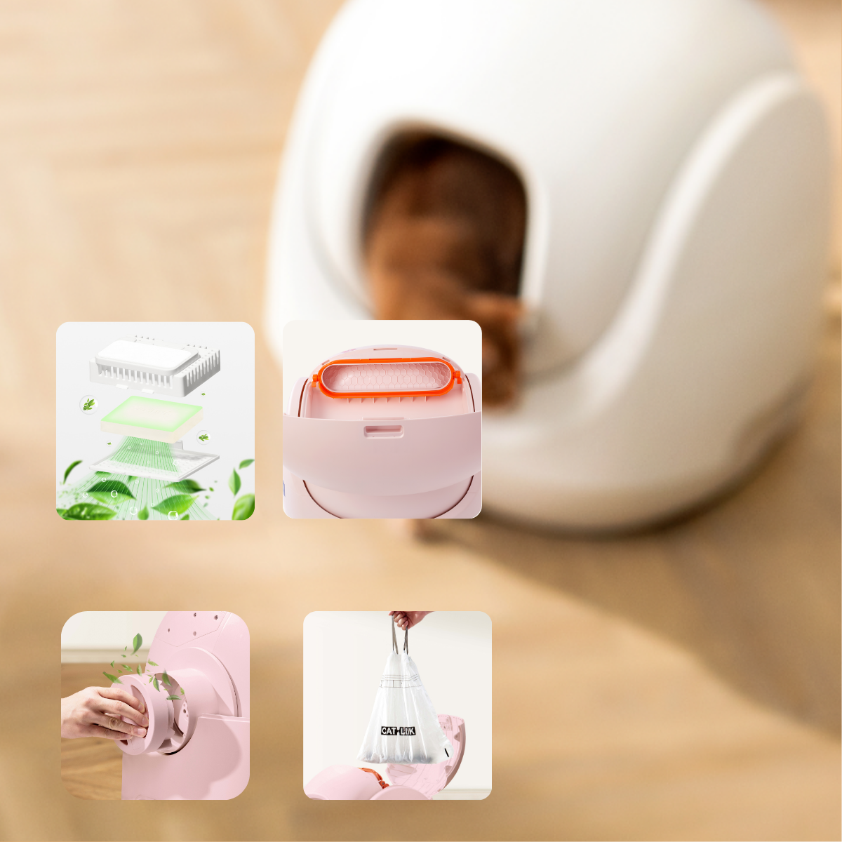 CATLINK Bac à litière pour chat intelligent autonettoyant rose, Protection de sécurité anti-pincement, Système de suivi de santé par IA, Technologie d’identification multi-chats