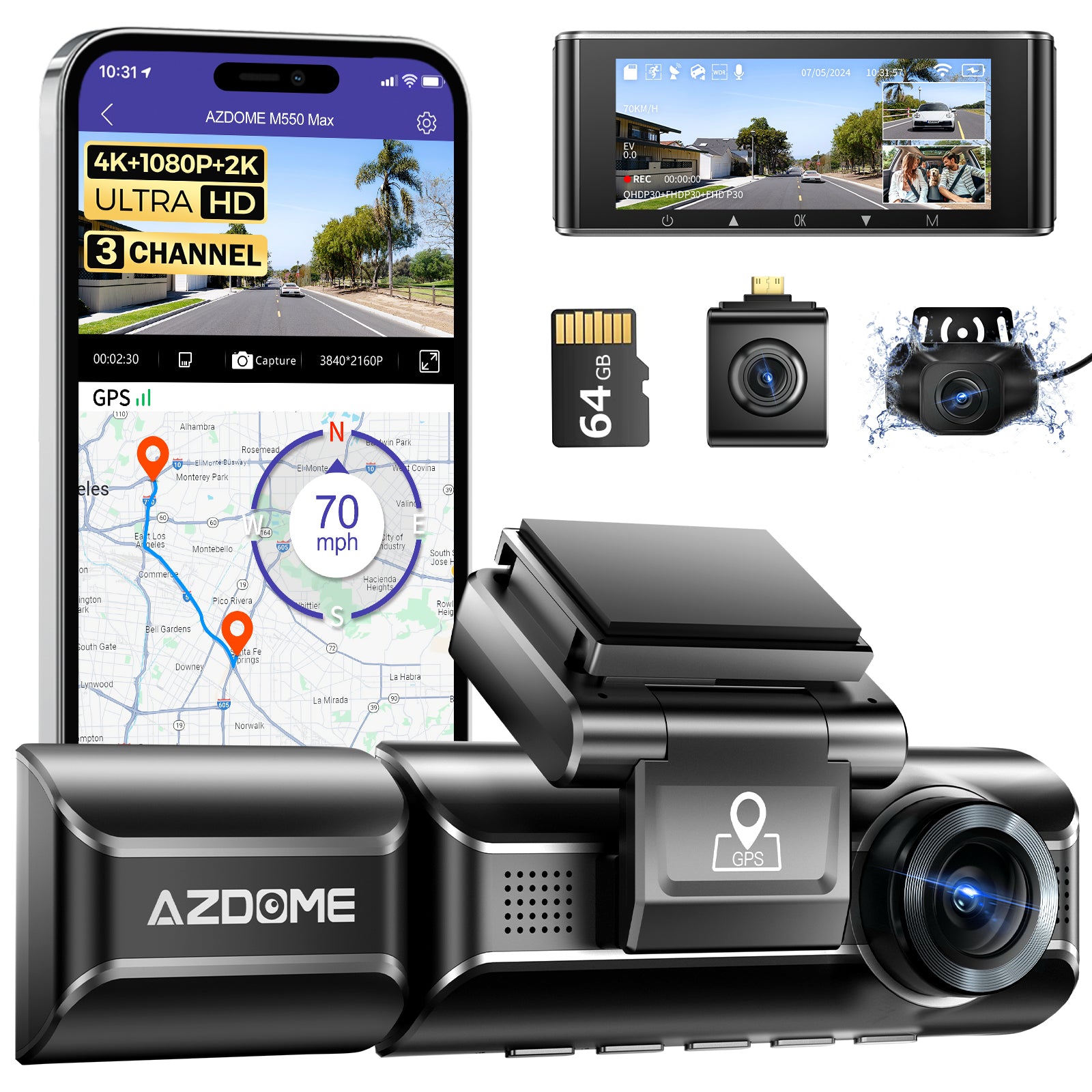AZDOME M550 MAX 4K Dashcam Voiture 4K+ 1080P+ 2,5K Avant Arrière Intérieur avec Double STARVIS, Carte SD 64 Go, WiFi, GPS, Super Vision Nocturne