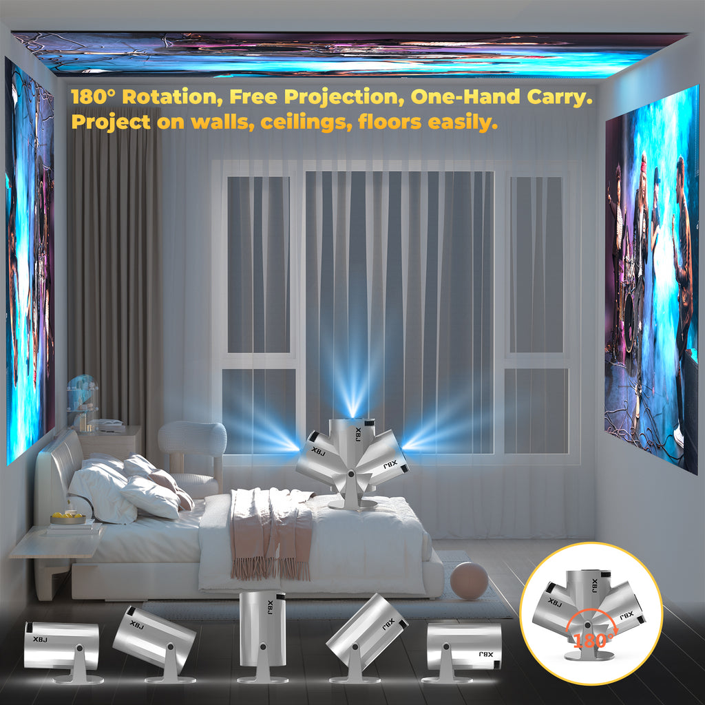 XBJ Projecteur portable argenté avec Wi-Fi 6 et Bluetooth 5,2, mini projecteur intelligent, HD 1080P (décodage 4K), système Android 11, correction trapézoïdale automatique + rotatif à 180°, 300 ANSI, écran 40-200 pouces pour chambre/intérieur/extérie