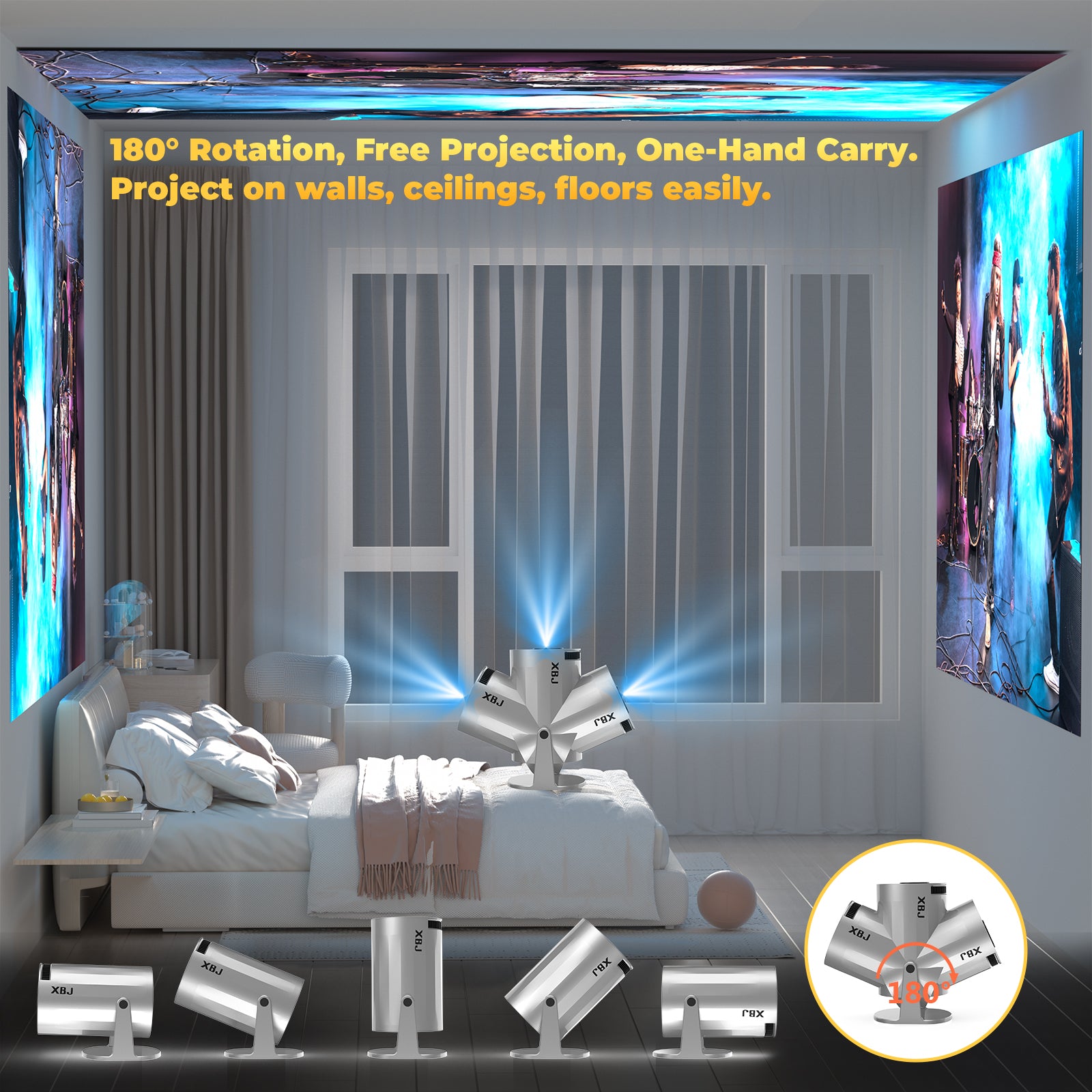 XBJ Projecteur portable argenté avec Wi-Fi 6 et Bluetooth 5,2, mini projecteur intelligent, HD 1080P (décodage 4K), système Android 11, correction trapézoïdale automatique + rotatif à 180°, 300 ANSI, écran 40-200 pouces pour chambre/intérieur/extérie