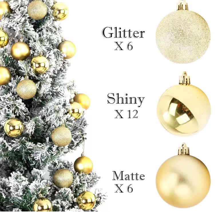 Ju7cer 24 boules de Noël incassables, 6 cm/2,36 pouces, guirlande prête à suspendre pour sapin de Noël, convient pour Noël/Halloween/mariage/anniversaire, couleur or