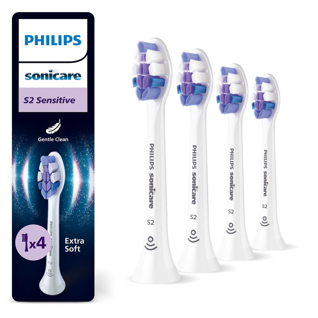 Philips Sonicare S2 Sensitive HX6054/87 Tête de brosse à dents électrique - brins ultra-doux, élimine jusqu’à 10x plus de plaque, compatible BrushSync, lot de 4 - Blanc