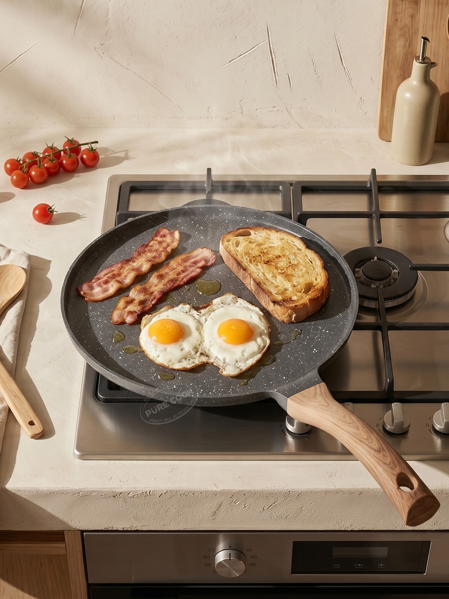 PURE COOK Poêle à frire antiadhésive avec manche en bois | 26 cm | Poêle en aluminium à revêtement marbre | Légère et facile à nettoyer
