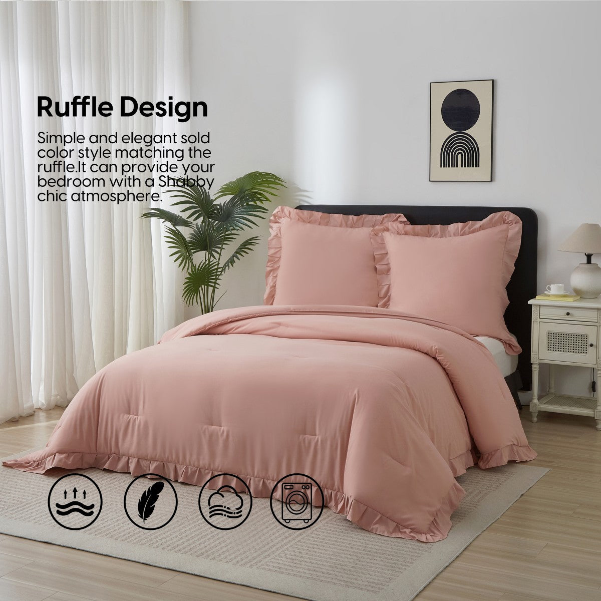 MEEALLHOME Parure de lit vintage à volants rose - 1 housse 155 x 220 cm et 2 taies 80 x 80 cm