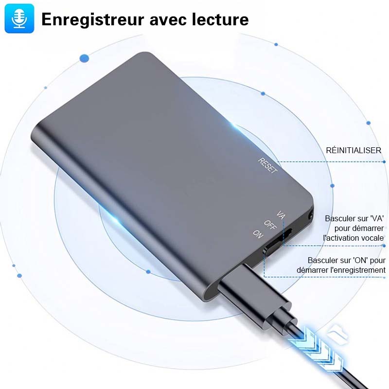 Rexsun L810 Enregistreur vocal numérique 64 Go, enregistrement à une touche, ABS + alliage d'aluminium, Gris