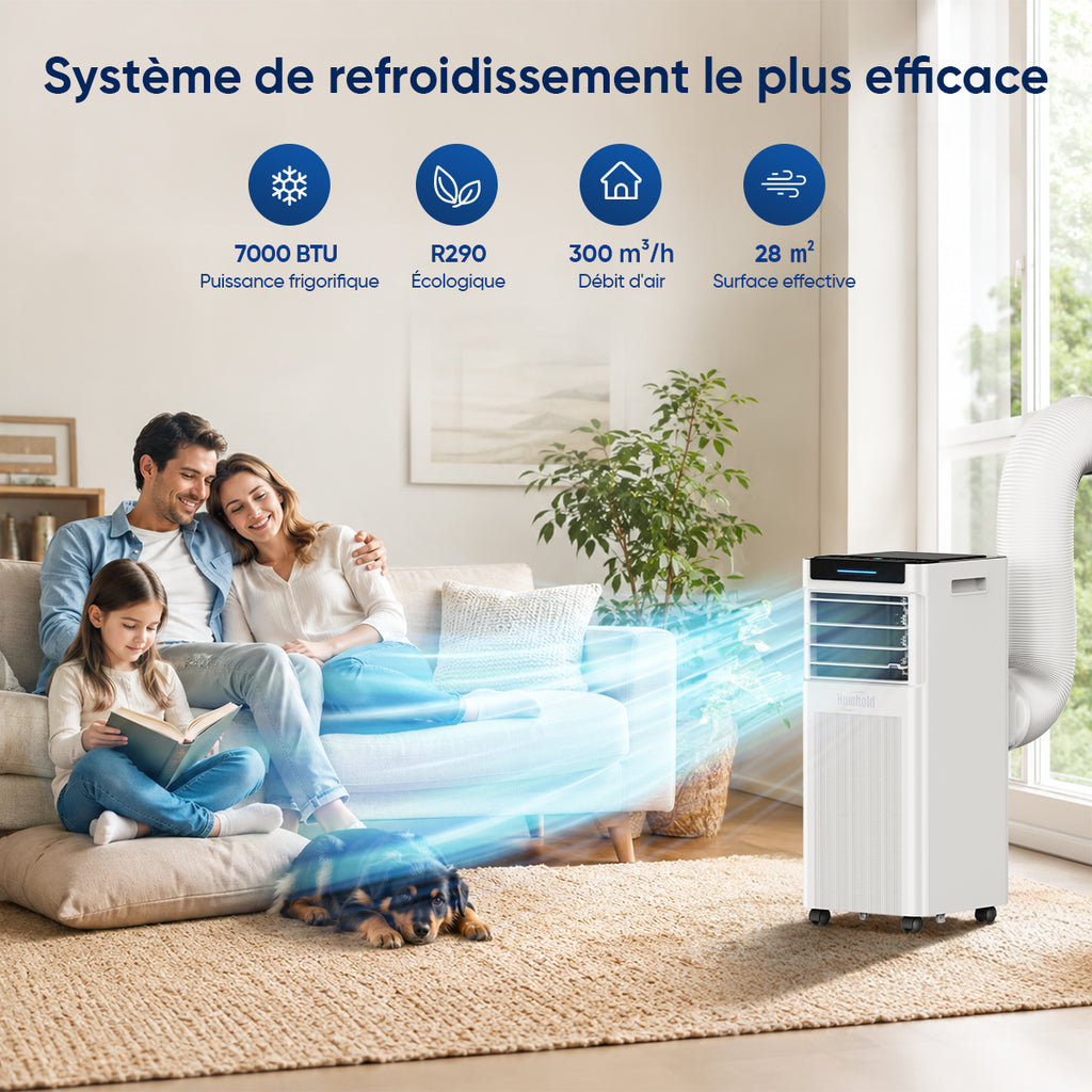 Humhold 7000 BTU climatiseur portable, unité de climatisation 3 en 1 de 2,0 kW avec modes refroidissement, déshumidification et ventilation, mode veille silencieux, minuterie de 24 heures, réfrigérant R290, kit fenêtre inclus