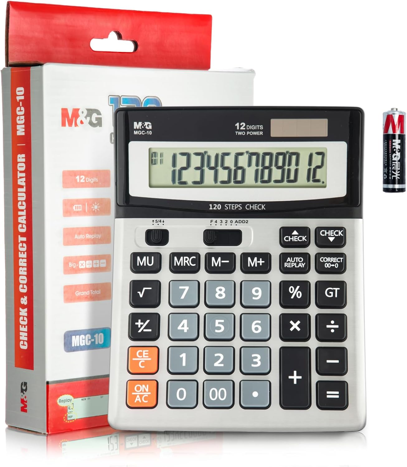 M&G Calculatrice de bureau 12 chiffres avec écran LCD extra-large, fonction de vérification et de correction, double alimentation solaire et batterie, touches larges