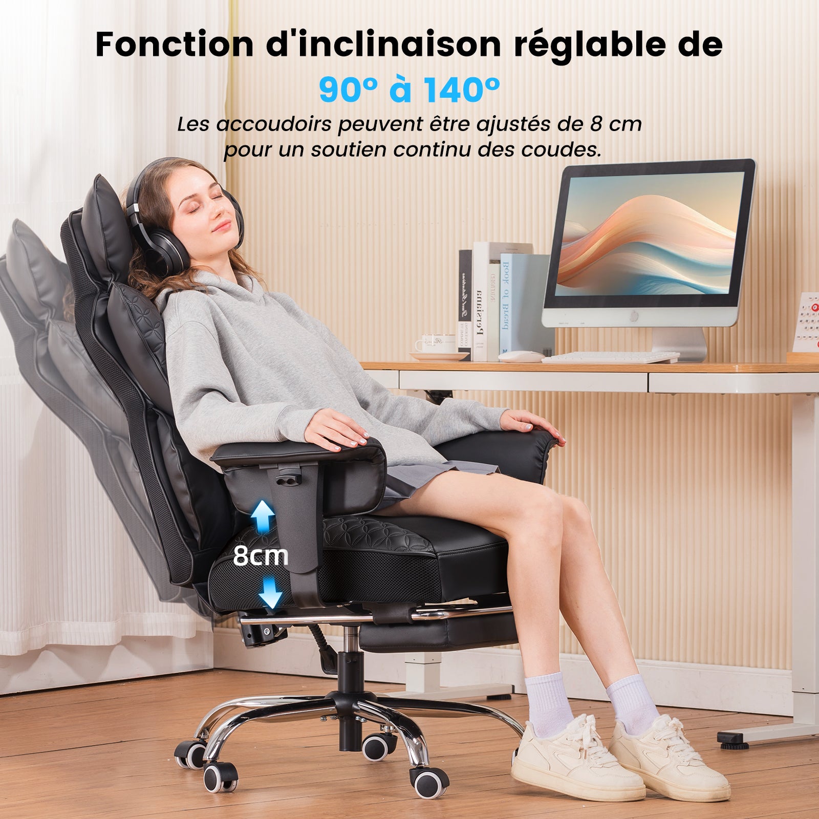 GTPlayer Chaise de bureau ergonomique pour grands gabarits, chaise de direction robuste avec repose-pieds, chaise pivotante inclinable à dossier haut en cuir PU, pour ordinateur et maison