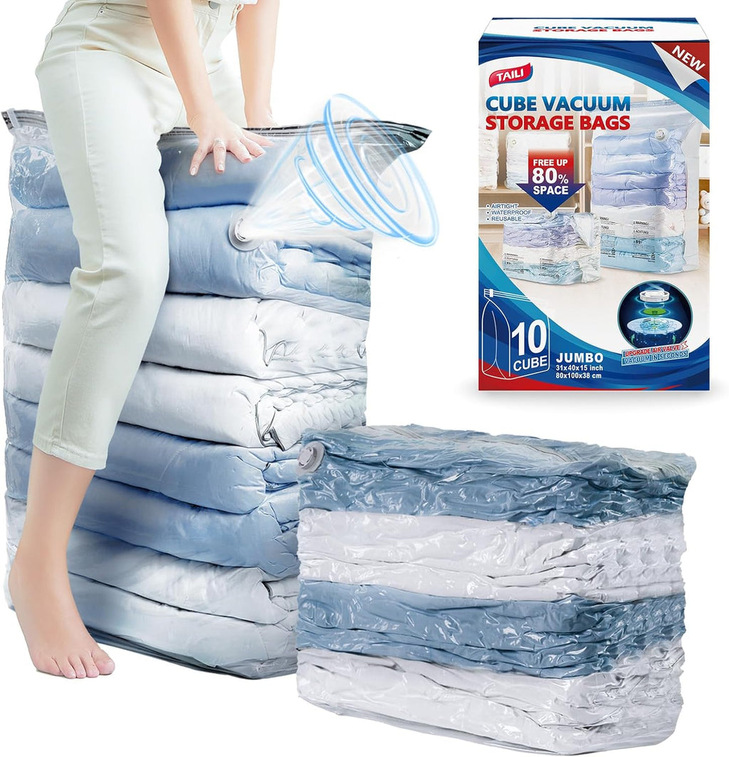 Taili Lot de 10 sacs de rangement sous vide, Sacs gain de place, Cube géant 31 x 40 x 15 po, Sacs sous vide extra grands pour couettes, Couvertures, Literie, Vêtements