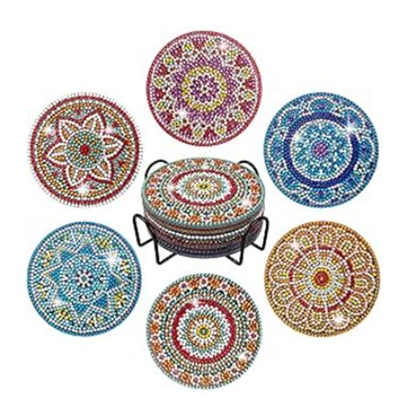 Ju7cer Lot de 6 sous-verres de peinture aux diamants (avec support) - Art de diamants mandala DIY | Fournitures de loisirs créatifs pour débutants adultes 10 × 10 cm (4 × 4 pouces)