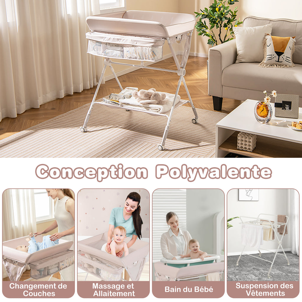 Costway Table à langer avec niveau réglable à 3 positions et 4 roulettes universelles - Naturel