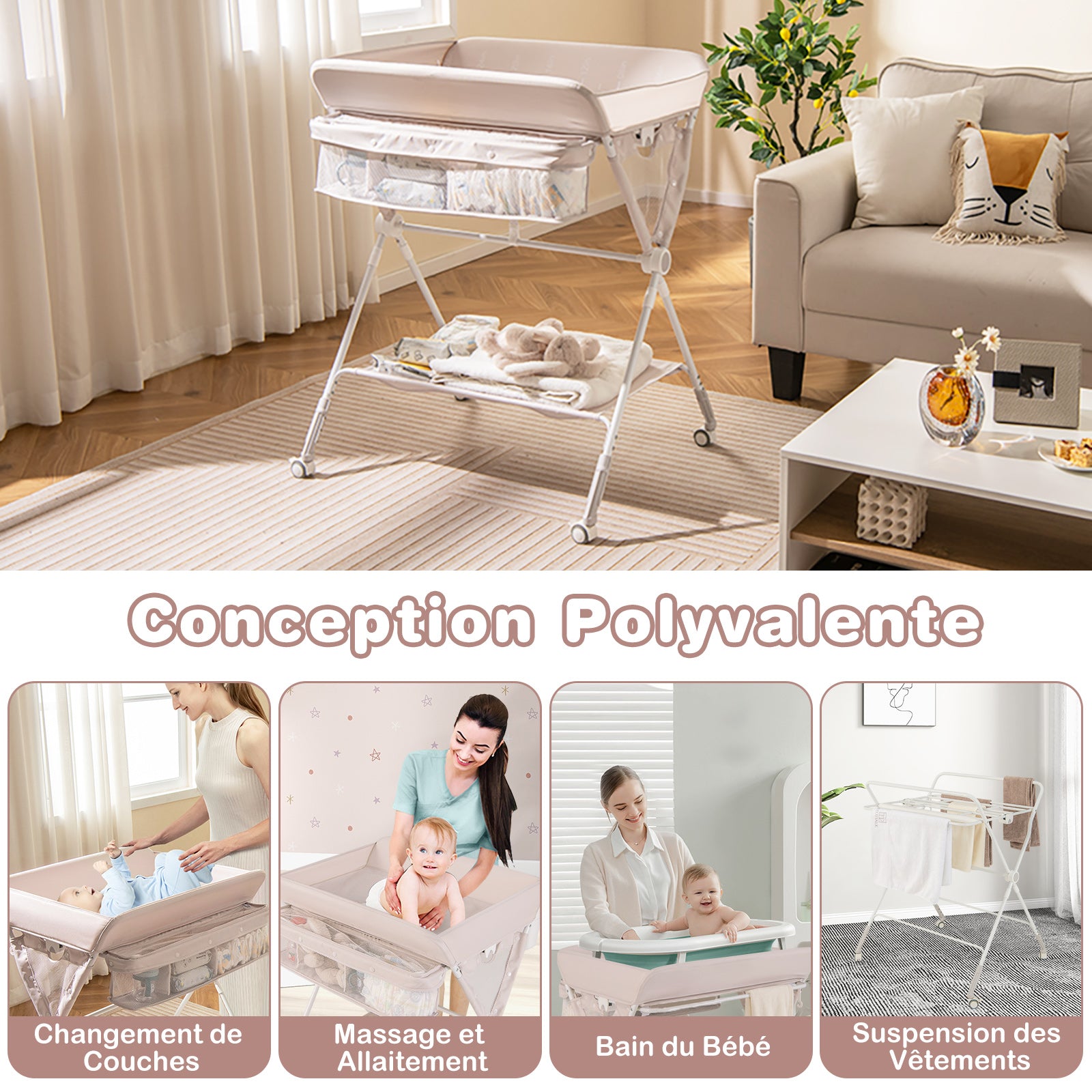 Costway Table à langer avec niveau réglable à 3 positions et 4 roulettes universelles - Naturel