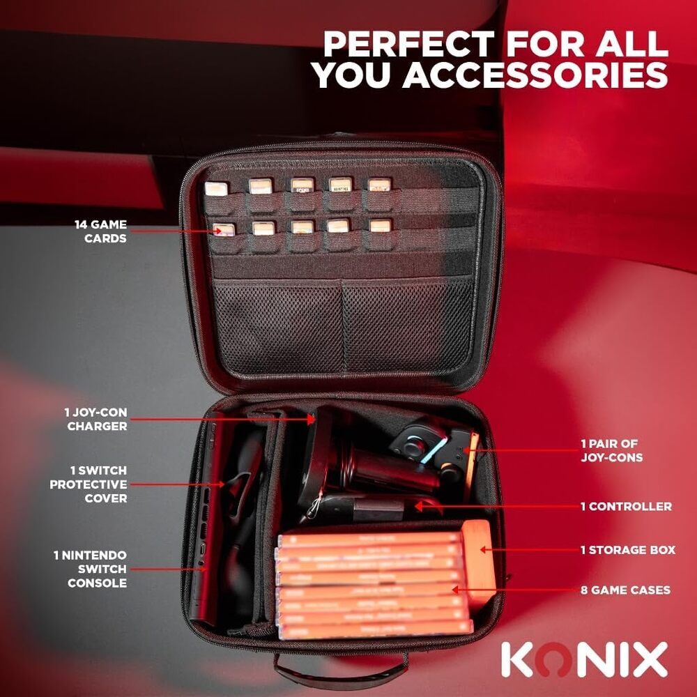 Konix Sacoche de protection et transport Big Carry Case console Nintendo Switch 2 - Filets rangement accessoires - 14 compartiments jeux - Noir