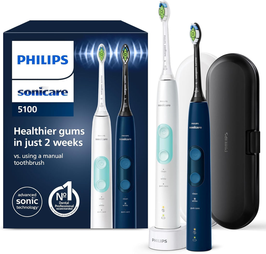 Philips Sonicare ProtectiveClean 5100 HX6851/34 - Brosses à dents électriques avec 3 modes de brossage, capteur de pression, minuterie et étui de voyage, lot de 2, blanc et bleu