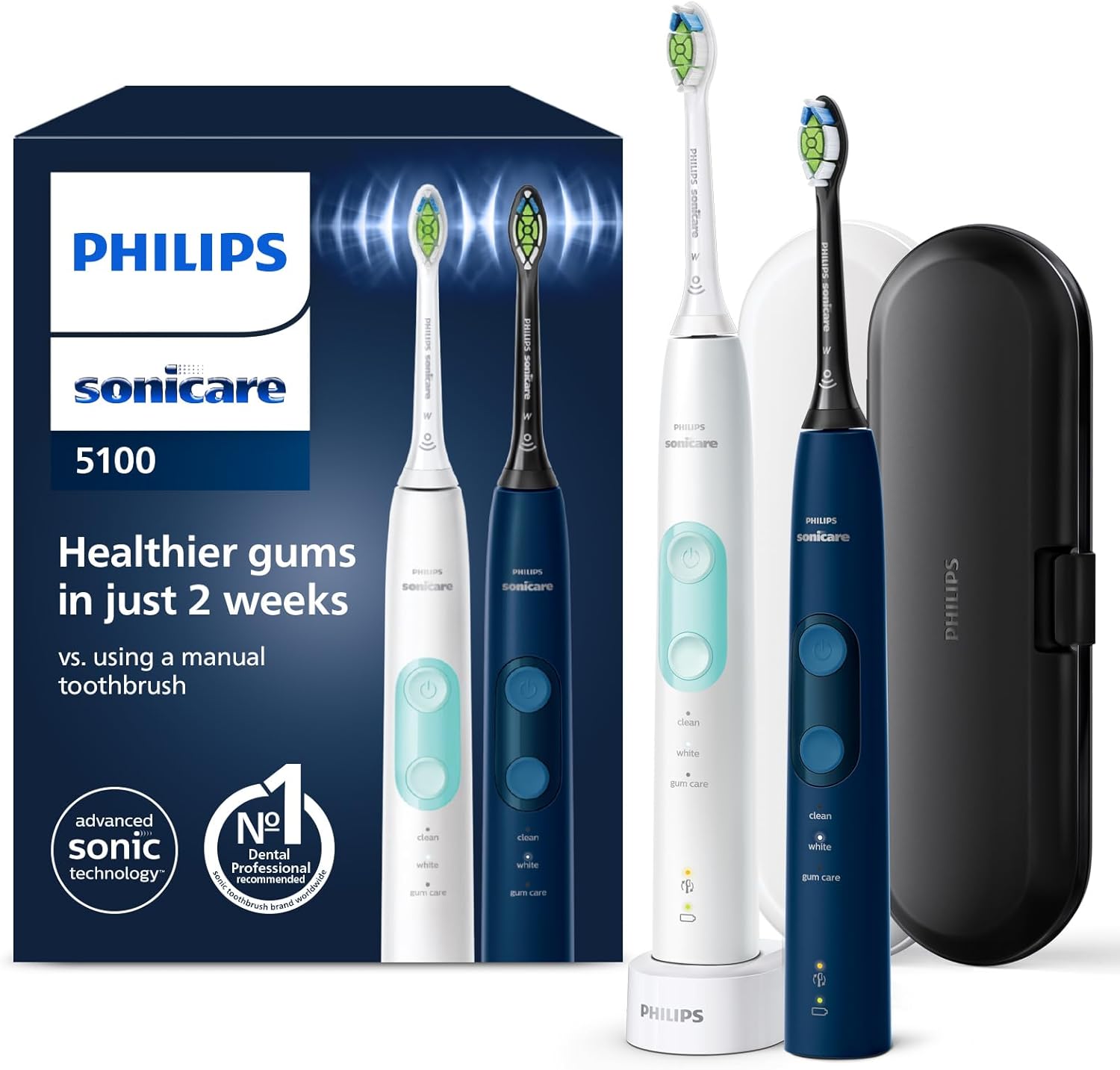 Philips Sonicare ProtectiveClean 5100 HX6851/34 - Brosses à dents électriques avec 3 modes de brossage, capteur de pression, minuterie et étui de voyage, lot de 2, blanc et bleu