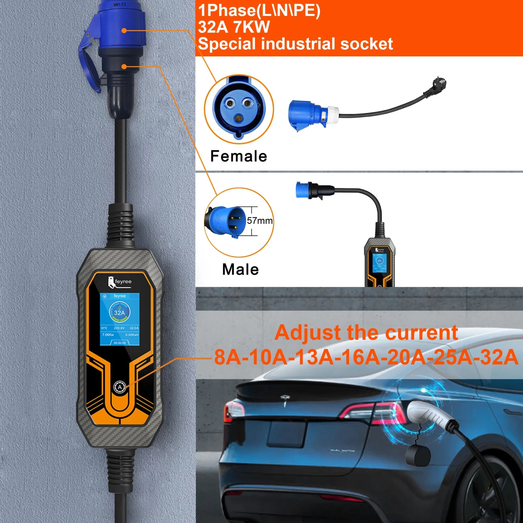 feyree Station de charge portable EVSE 7 kW (type 2, 1 phase, 32 A, câble 5 m, prise mâle CEE) pour voiture électrique