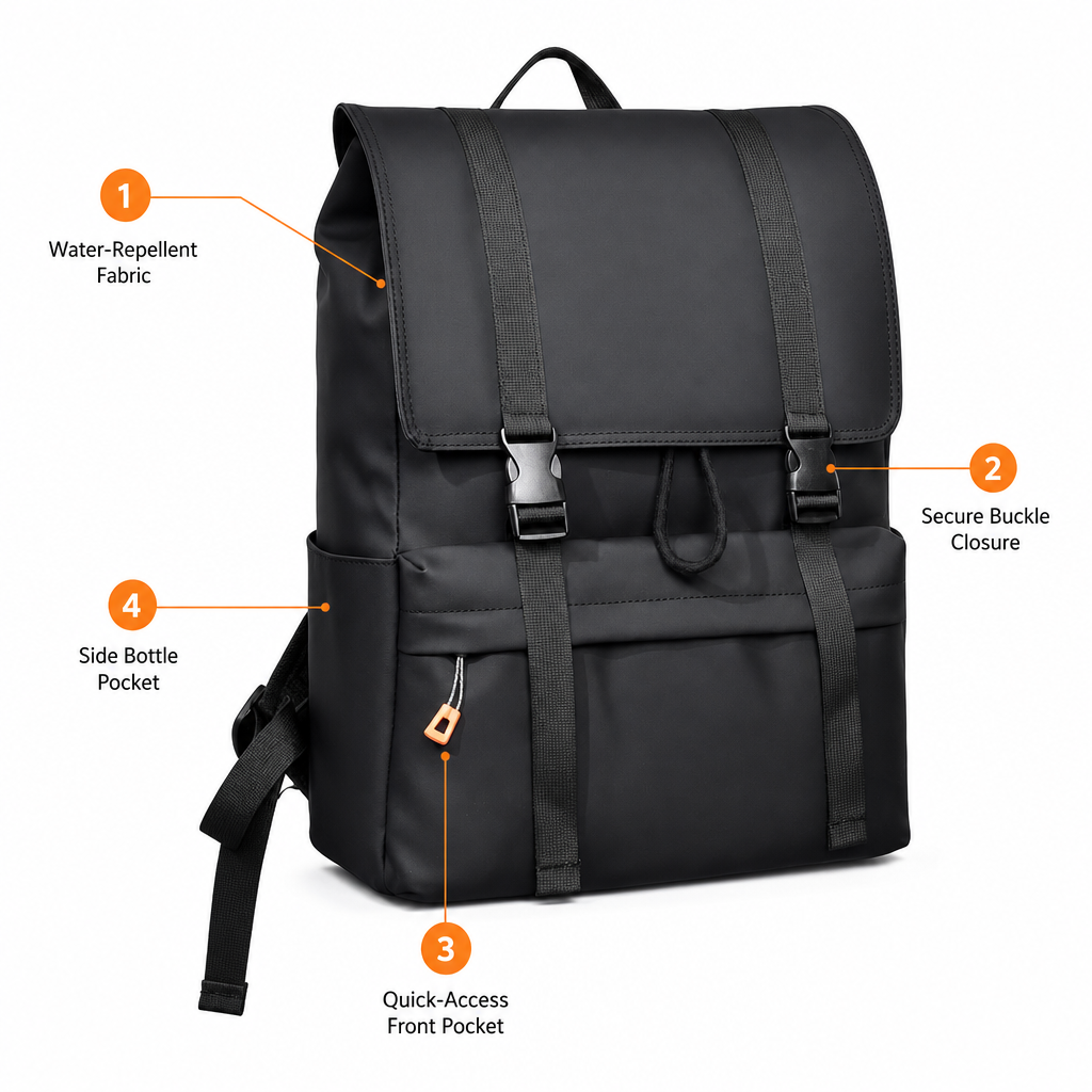 Sac à dos ordinateur portable 15,6 pouces à rabat, sac à dos décontracté résistant à l'eau avec fermeture à cordon, sac à dos de jour grande capacité pour école travail voyage en ville hommes