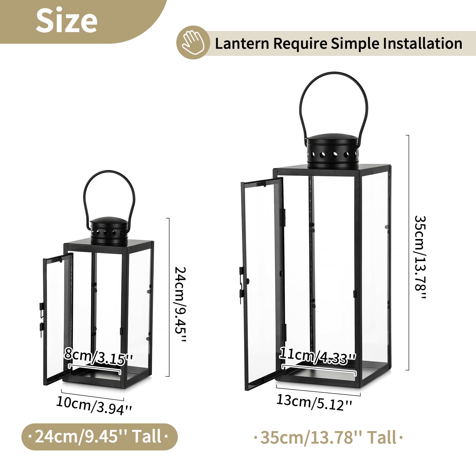 Lanternes noires décoratives d'intérieur : 9,5 pouces lanterne hurricane de mariage suspendue avec verre transparent support à bougie de style maison de campagne pour salon table de