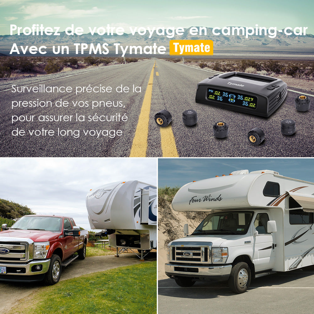 Tymate Système de surveillance de la pression des pneus pour camping-car, Moniteur solaire de pression des pneus avec 4 capteurs, 0 à 87 PSI, 6 modes d’alarme, Répéteur