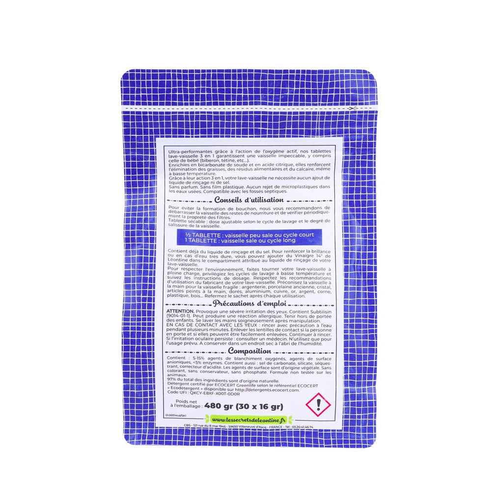 LES SECRETS DE LEONTINE Tablettes Lave-Vaisselle 3 en 1, Bicarbonate de Soude, Acide Citrique & Oxygène Actif, Sans Parfum, 4 x 30 Lavages (= 120 Lavages), 120 Tablettes