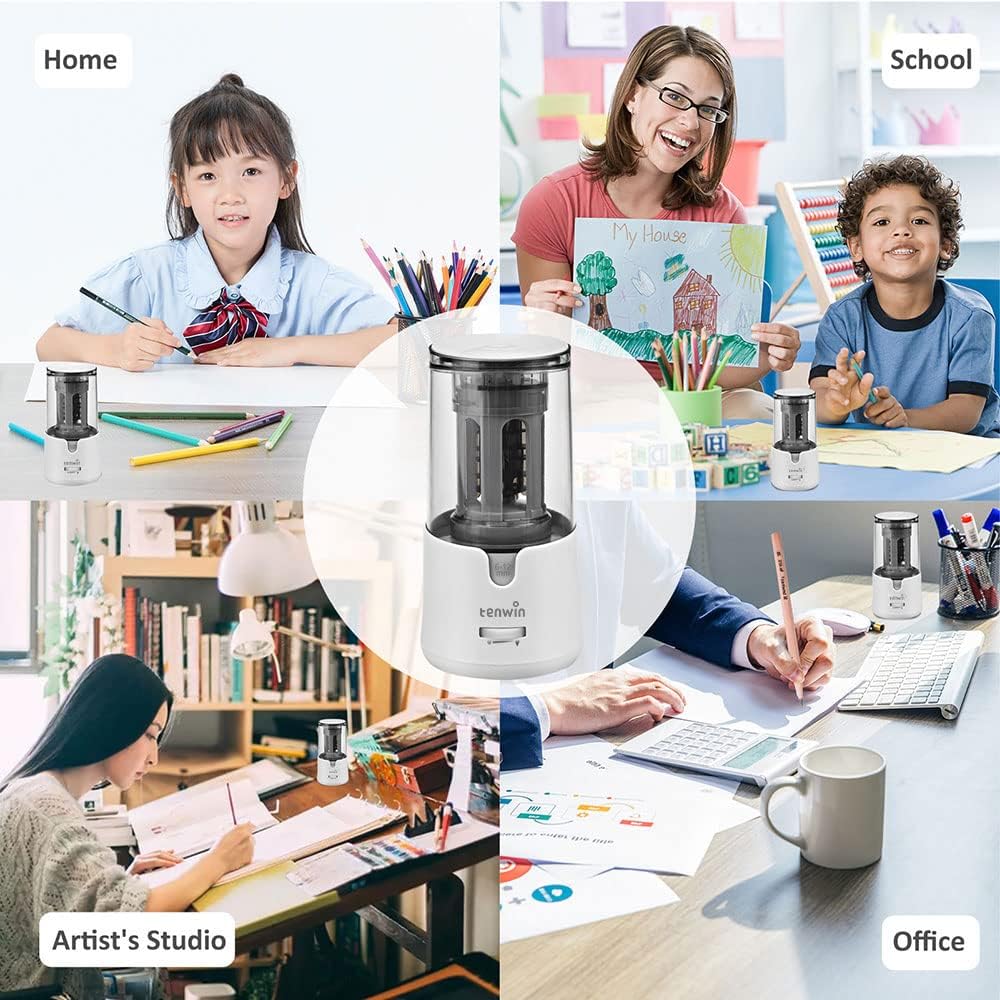 tenwin Taille-crayon électrique, Taille-crayon alimenté par adaptateur secteur avec réservoir pour crayons de couleur 6-12 mm, Arrêt automatique pour artistes, enfants, bureau