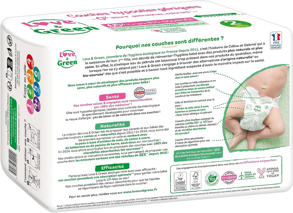 LOVE & GREEN Couches Écologiques Saines Pour Bébé Taille 2 3-6 kg - Pack Mensuel De 6 (216 Couches Au Total)