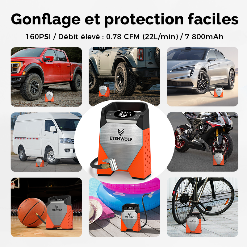 ETENWOLF ZEPHYR S3 Gonfleur de pneus portable, compresseur d'air, cycle de service à 100 %, pompe à air 160 PSI - Orange vif