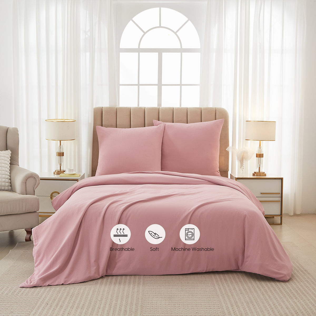 Meeallhome Parure housse de couette lavée brossée 155 x 220 cm/80 x 80 cm x 2, Beige rosé