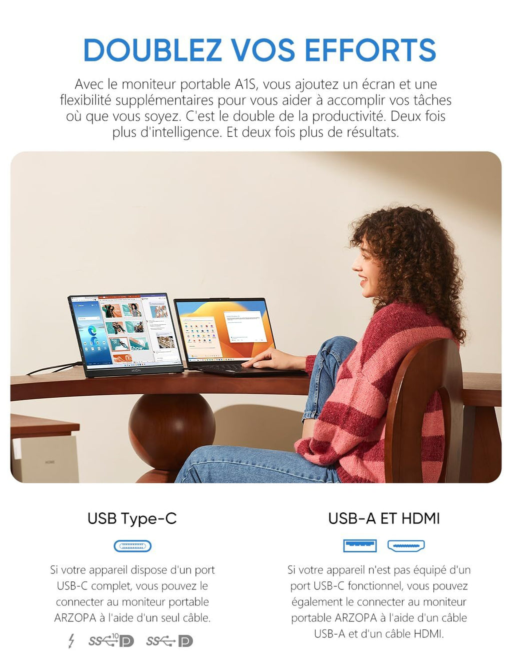 ARZOPA A1S Moniteur portable 14 po 1920 x 1080 FHD IPS 60 Hz USB-C mini HDMI support intégré Noir
