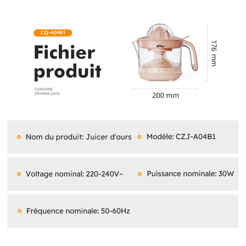 Bear CZJ-A04B1 Presse-agrumes, presse-à-jus portable pour la maison, séparateur de pulpe, 5 niveaux de pulpe réglables, large goulotte d’alimentation de 110 mm, presse citron et orange