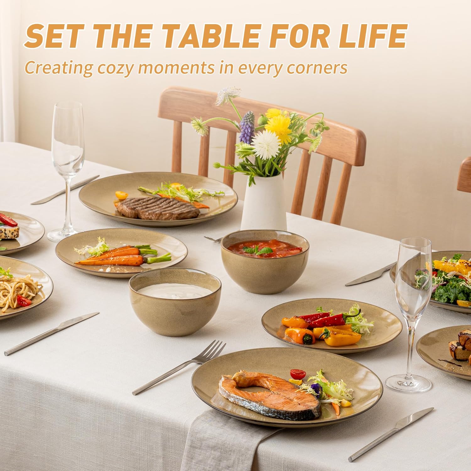 Dafuceramic Ensemble assiettes et bols, 12 pièces en grès moderne pour 4 personnes, assaisonnage et dînette en céramique, compatible micro-ondes et lave-vaisselle (jaune maïs)