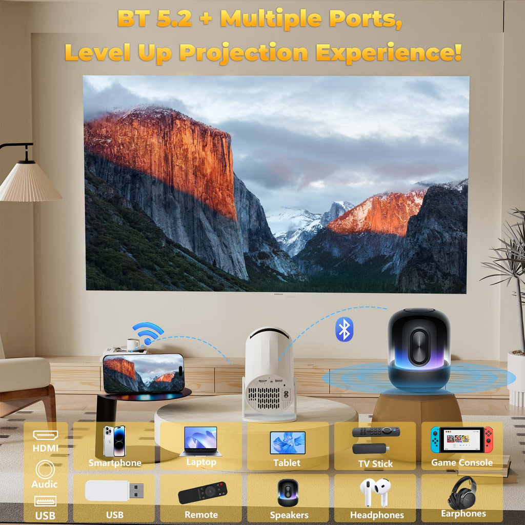 XBJ Projecteur portable blanc avec WiFi 6 et Bluetooth 5.2, mini projecteur intelligent, HD 1080p (décodage 4K), système Android 11, correction trapézoïdale automatique + rotatif à 180°, 300 ANSI, écran 40-200 pouces pour chambre, intérieur/extérieur