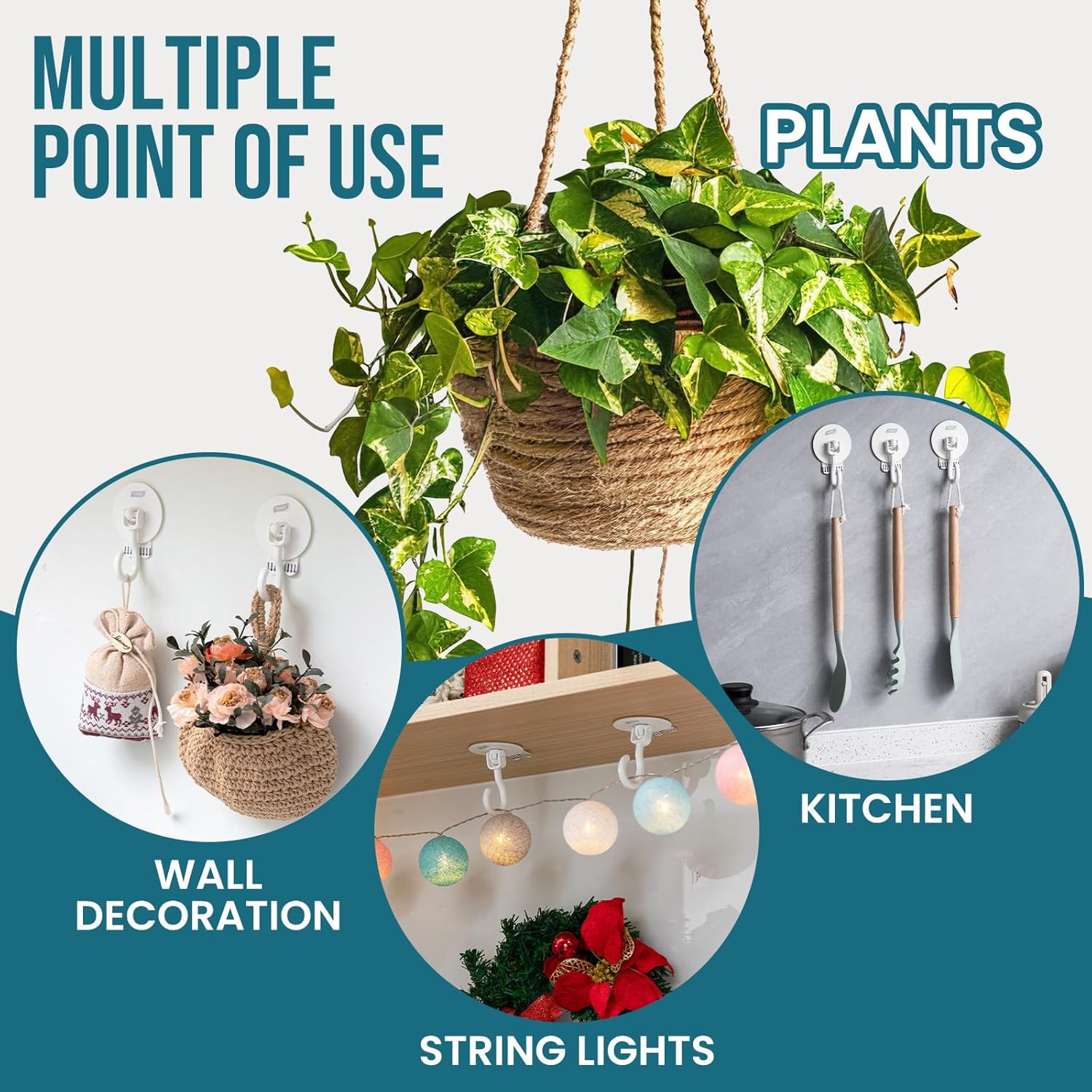 Taili Lot de 4 crochets adhésifs de plafond pour plantes suspendues, Robustes sans perçage amovibles, Crochets muraux adhésifs pour suspendre guirlandes lumineuses de Noël