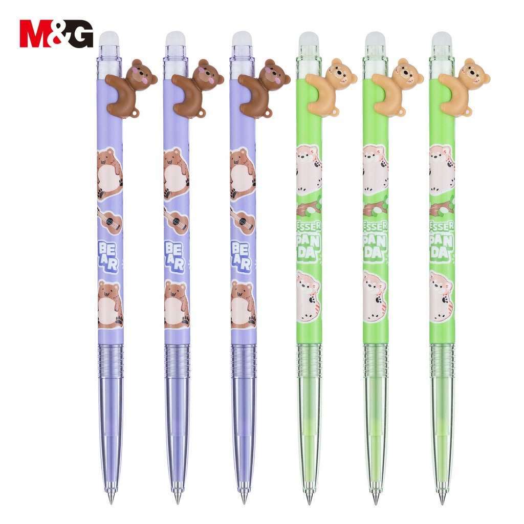 M&G Animaux en relief stylos gel effaçables, Lot de 6 stylos rétractables à encre bleu cristal, Pointe extra-fine 0,4 mm, Motif animal mignon