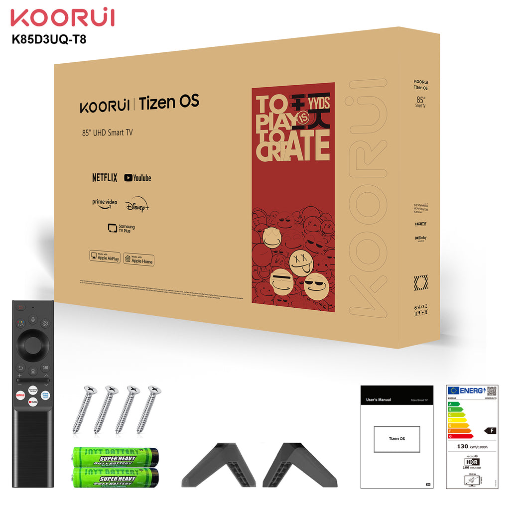 KOORUI K85D3UQ-T8, 85 pouces, 4K QLED, TIZEN TV, Design sans bords, Son dynamique avec Dolby Audio, Finition métallique haut de gamme