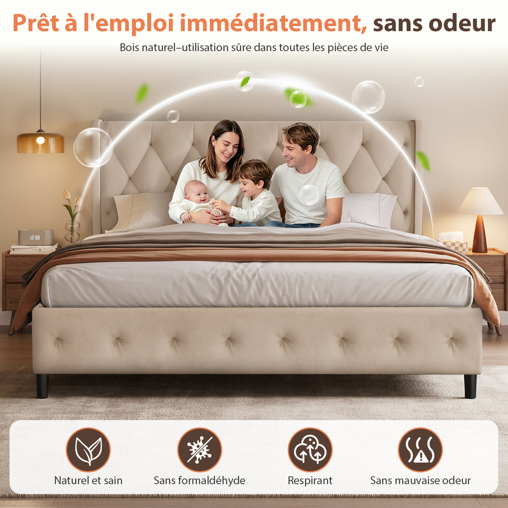 GTIMEX Lit capitonné 209x146x98 cm avec sommier à lattes, Capacité de charge statique : 390 kg, Lit double avec tête de lit capitonnée, Sommier à lattes en bois massif, Montage facile, Design moderne, Cadre robuste et tissu en velours de haute qualit