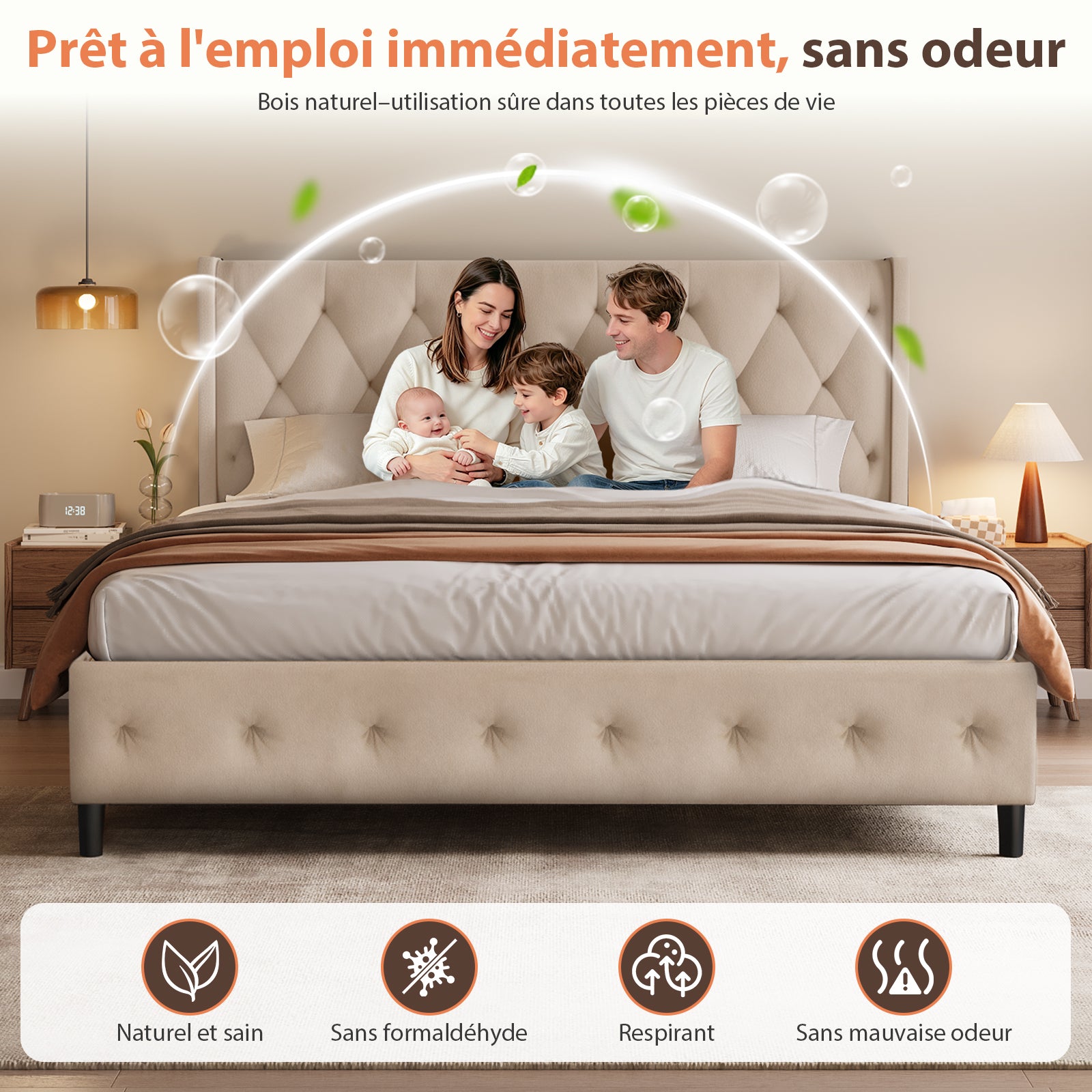 GTIMEX Lit capitonné 209x146x98 cm avec sommier à lattes, Capacité de charge statique : 390 kg, Lit double avec tête de lit capitonnée, Sommier à lattes en bois massif, Montage facile, Design moderne, Cadre robuste et tissu en velours de haute qualit