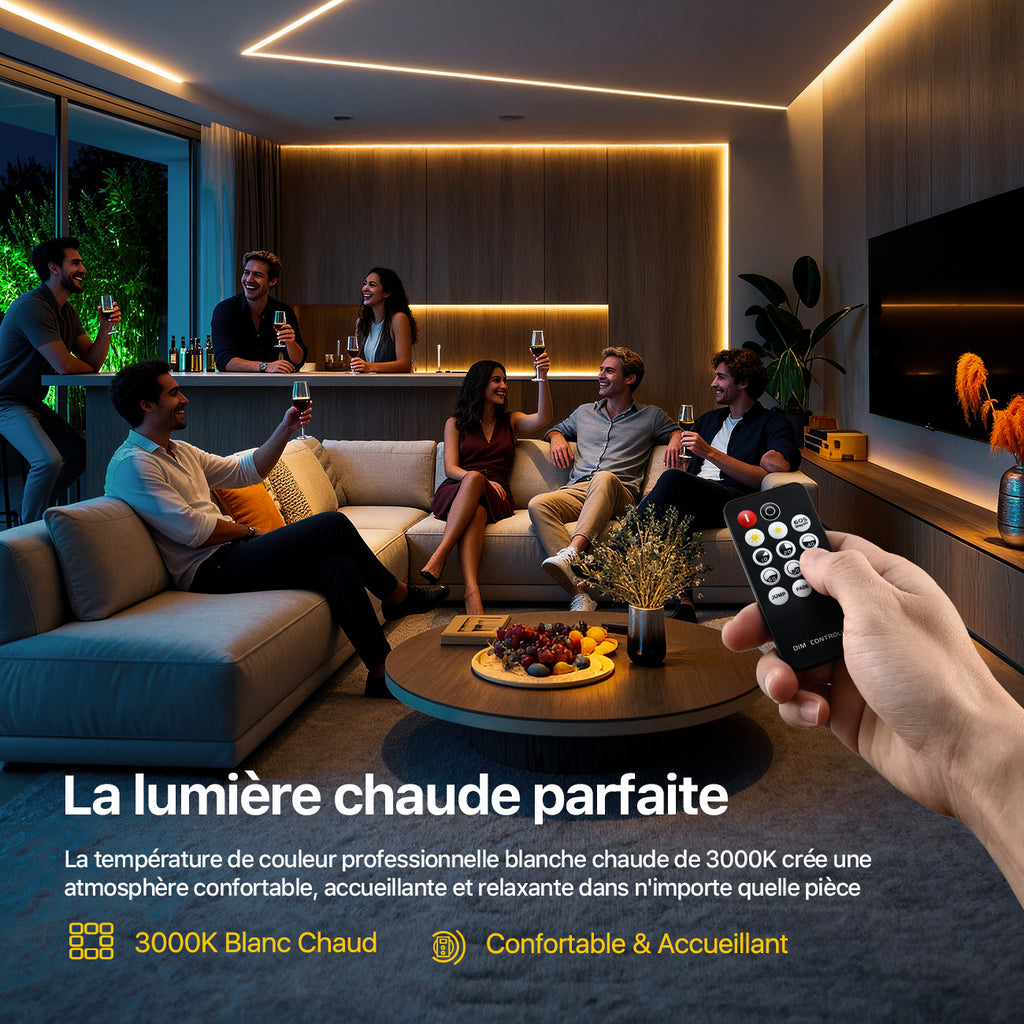 VIVREAL Ruban LED COB 12 V 6,56 pi 3000 K Blanc chaud à intensité variable, ruban flexible avec alimentation et télécommande RF, IRC élevé 92