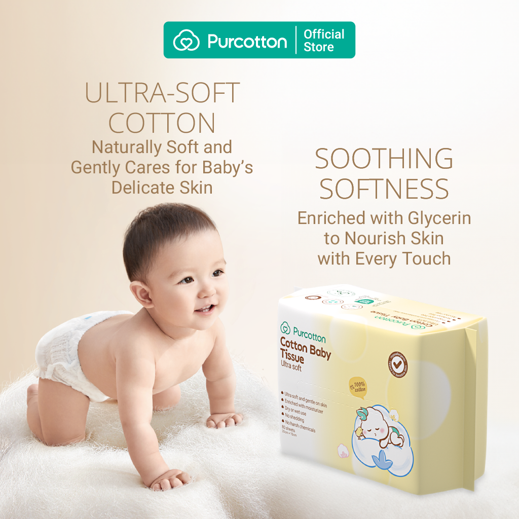 Purcotton Mouchoirs bébé 100 % coton (Ultra doux) 80 Feuilles/paquet (3 Paquets individuels)