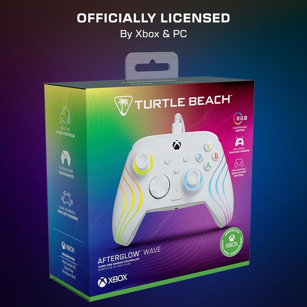 Turtle Beach Afterglow Wave Manette filaire Câble USB Éclairage RVB - Gâchettes à effet Hall & Boutons programmables - Xbox Series X|S, PC (Licence officielle Microsoft) - Blanc