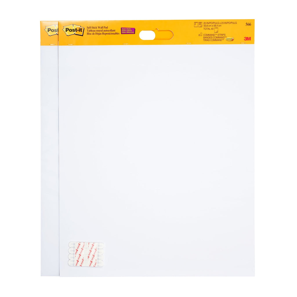 Post It Bloc mural autocollant super adhésif pour tableau de réunion, 566, Blanc, 58,4 cm x 50,8 cm, 20 feuilles/bloc, 2 blocs/lot, 100 % PEFC, SGSCH-PEFC-COC-110078 + 8 bandes adhésives Command™/lot