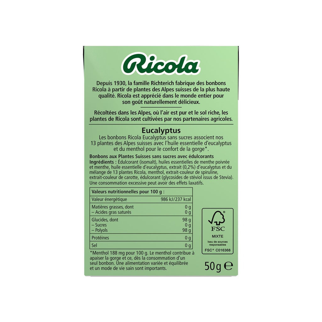 Ricola Pastilles pour la Gorge Eucalyptus aux Herbes Suisses Sans Sucre 50 g