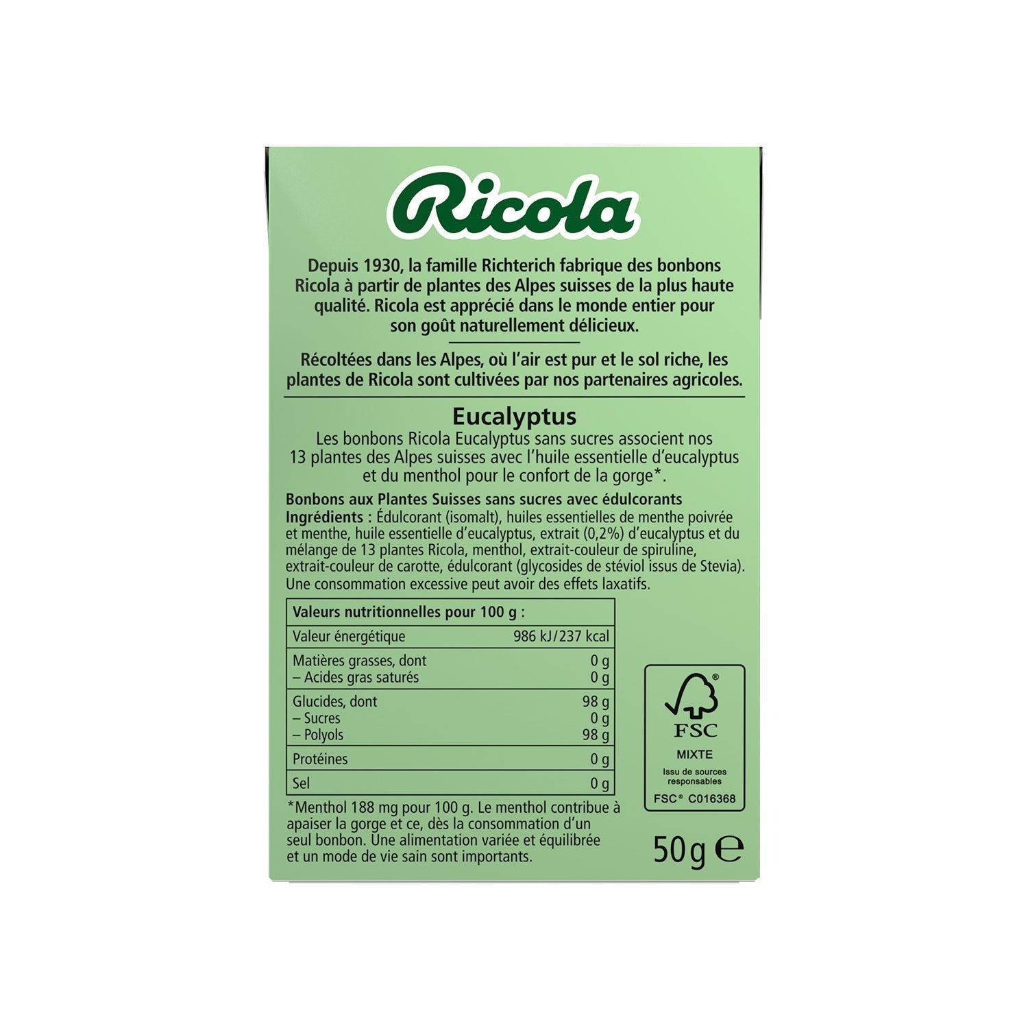 Ricola Pastilles pour la Gorge Eucalyptus aux Herbes Suisses Sans Sucre 50 g