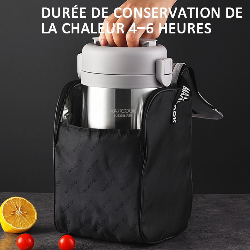 Maxcook Pot alimentaire isotherme en acier inoxydable 316 avec sac repas pour aliments chauds Boîte repas isotherme sous vide en acier inoxydable Thermos à soupe étanche Pot alimentaire isotherme à large ouverture 1,5 L MCTG0863