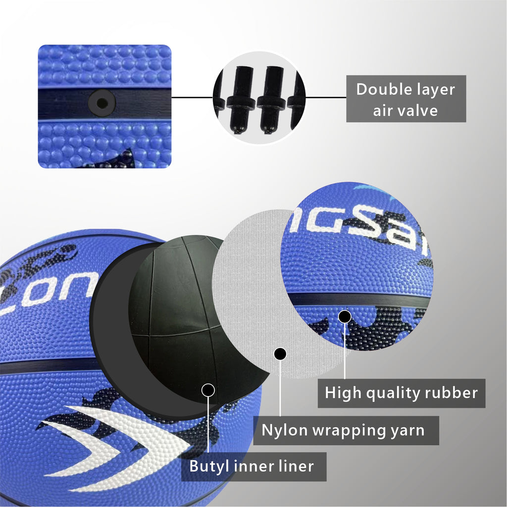 LONGSAIL Ballon de basket-ball en caoutchouc haute qualité (29,5 po) Taille 7 Bleu ciel/motif noir/motif bleu clair