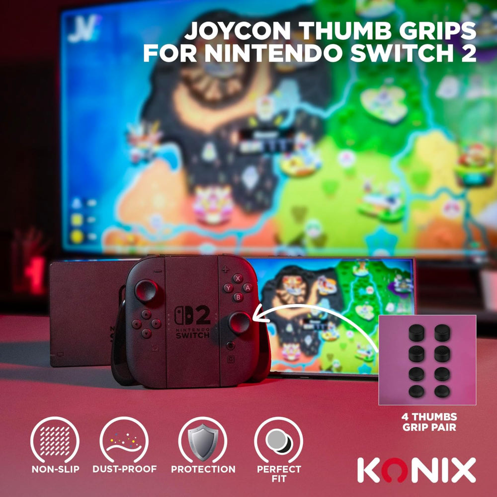 KONIX Pack de 8 capuchons de boutons pour manettes Joy-Con Nintendo Switch 2 - Hauteur réglable - Noir